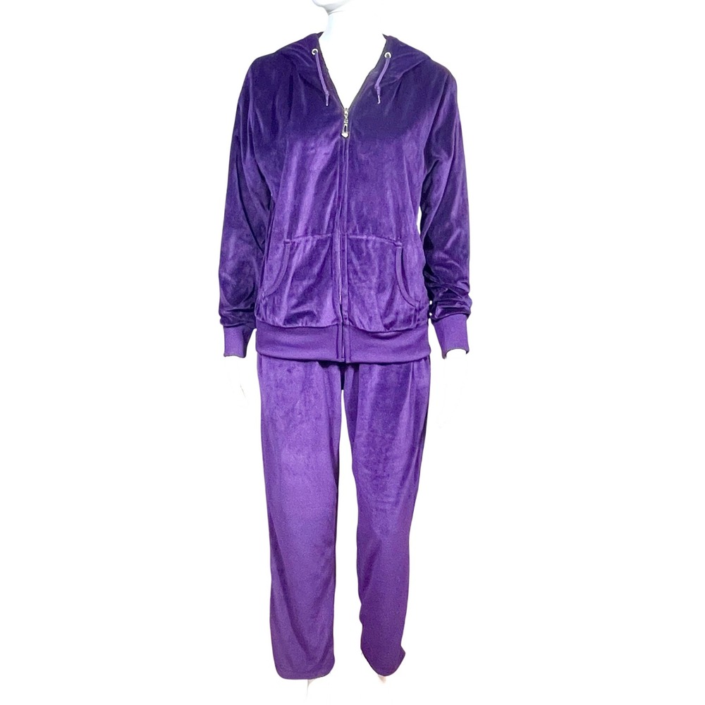 Tracksuit Womens M Electric Purple Velour 2 Piece Hoodie Pants Set Y2K Lounge